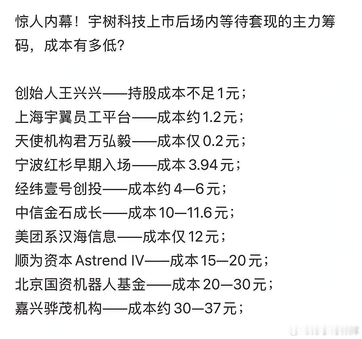 看到宇树科技十大股东原始股的成本，惊出一身冷汗，哪怕宇树科技就算跌到一块钱一股，