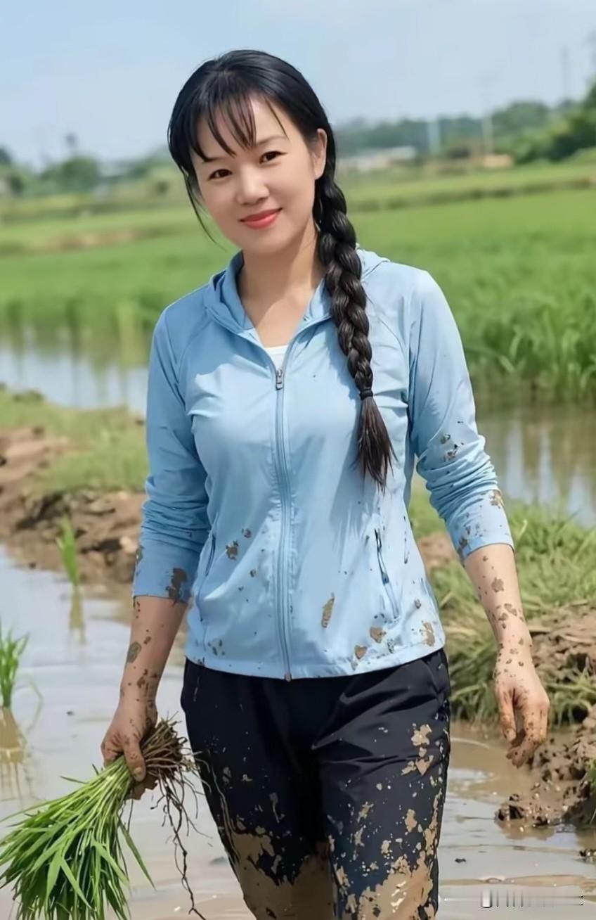 七律·插秧女辫垂云鬓下田忙，手把新秧带露香。汗浸蓝衫沾浅绿，泥侵黑裤