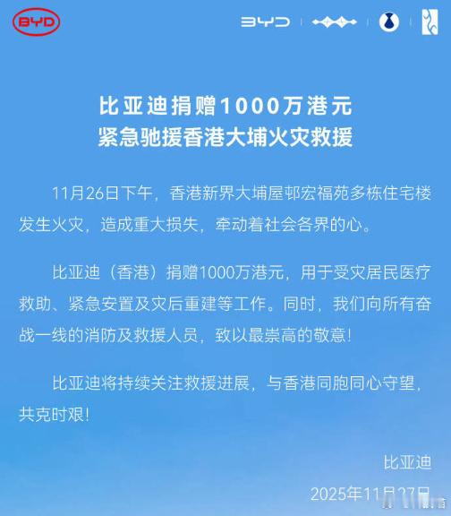 多家车企为香港火灾捐款比亚迪：1000万小米：1000万吉利：1000万奇瑞：1