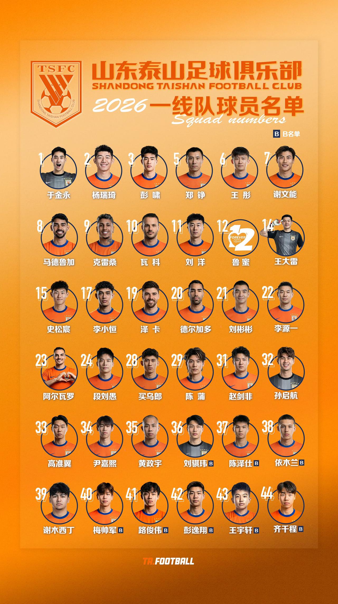 山东泰山队新赛季球员一线队大名单今天官方公布！球队定妆照8号拍！这么小的事也不知