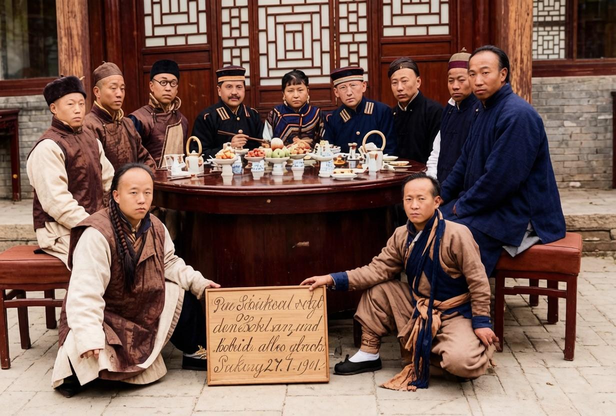 1901年2月27日，北京，两名德国军人在接受一个大户人家的宴请，在两个德国兵中