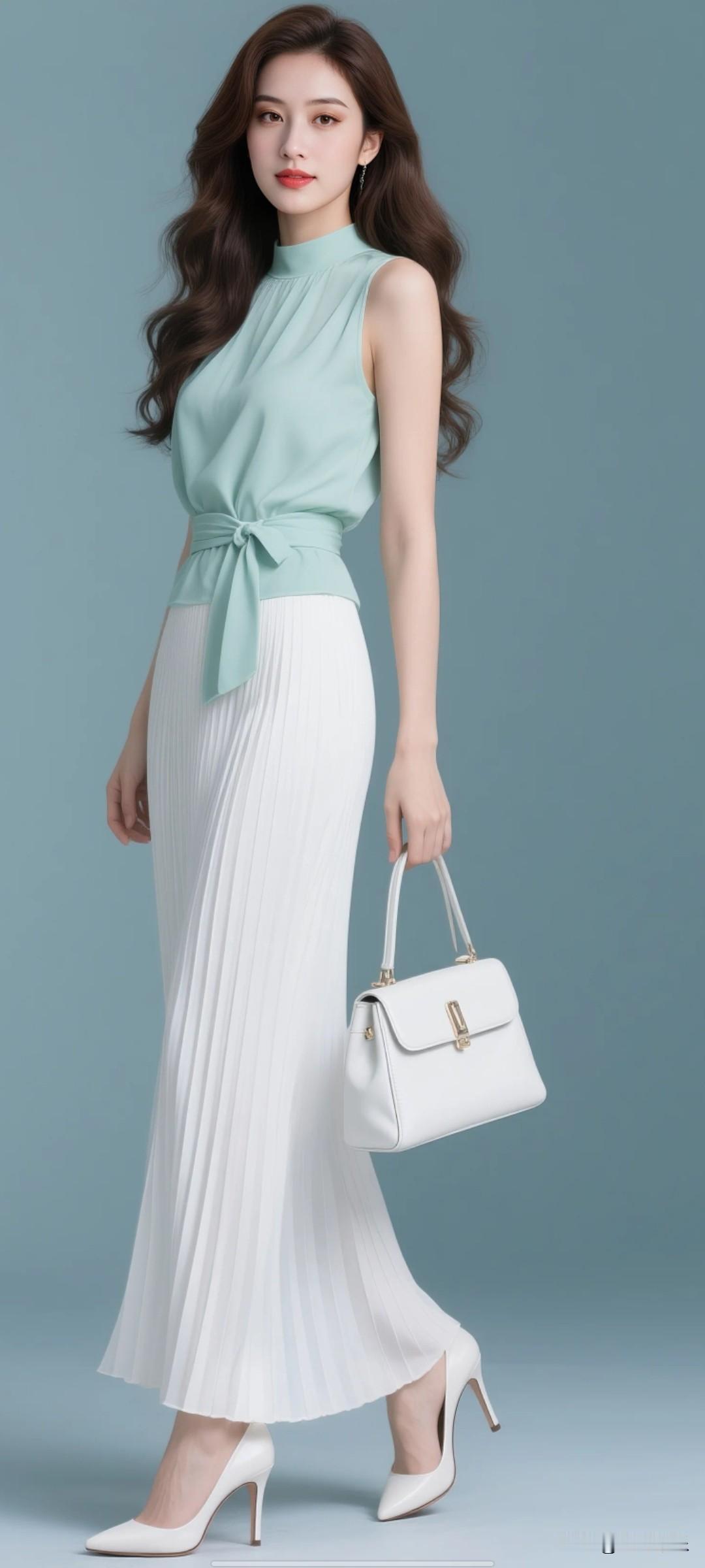女生留着黑棕色长卷发，上衣穿薄荷绿无袖雪纺面料上衣，上衣有设计感腰带，白色真丝百