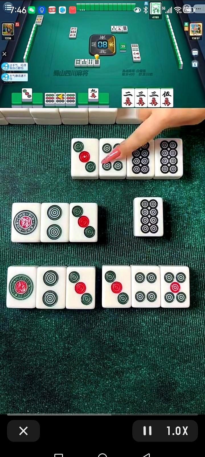 风扇哗哗响，他亮着手，摸上来一张八筒，嘟囔一句能不能胡。对面美女把牌顺了顺，说