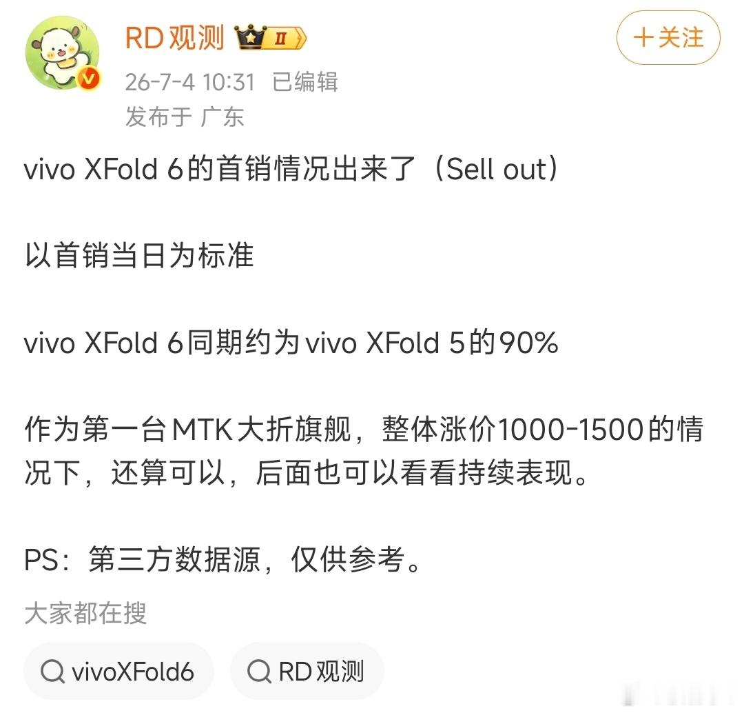 vivoXFold6的首销出炉有博主曝光了vivoXFold6首销数据