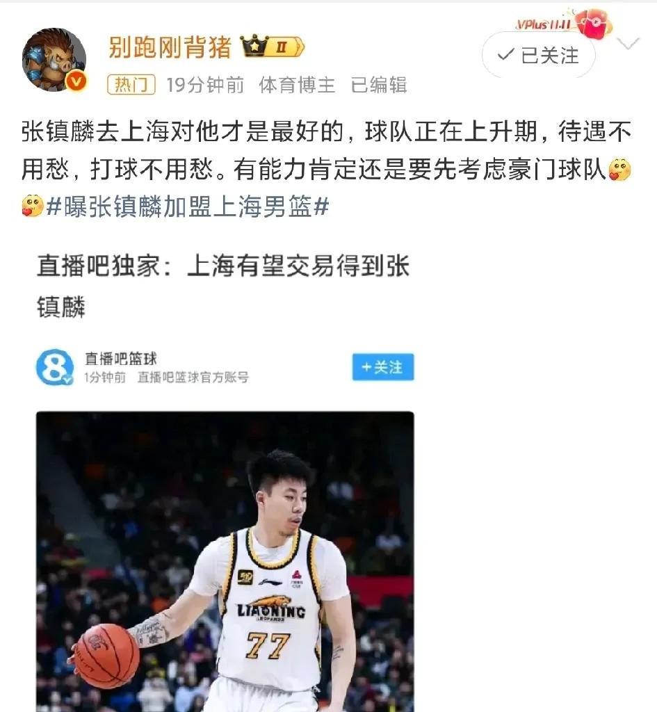 张镇麟去上海，上海也夺不了冠，但辽宁绝对与冠军无缘虽然张镇麟被交易去上海，开始