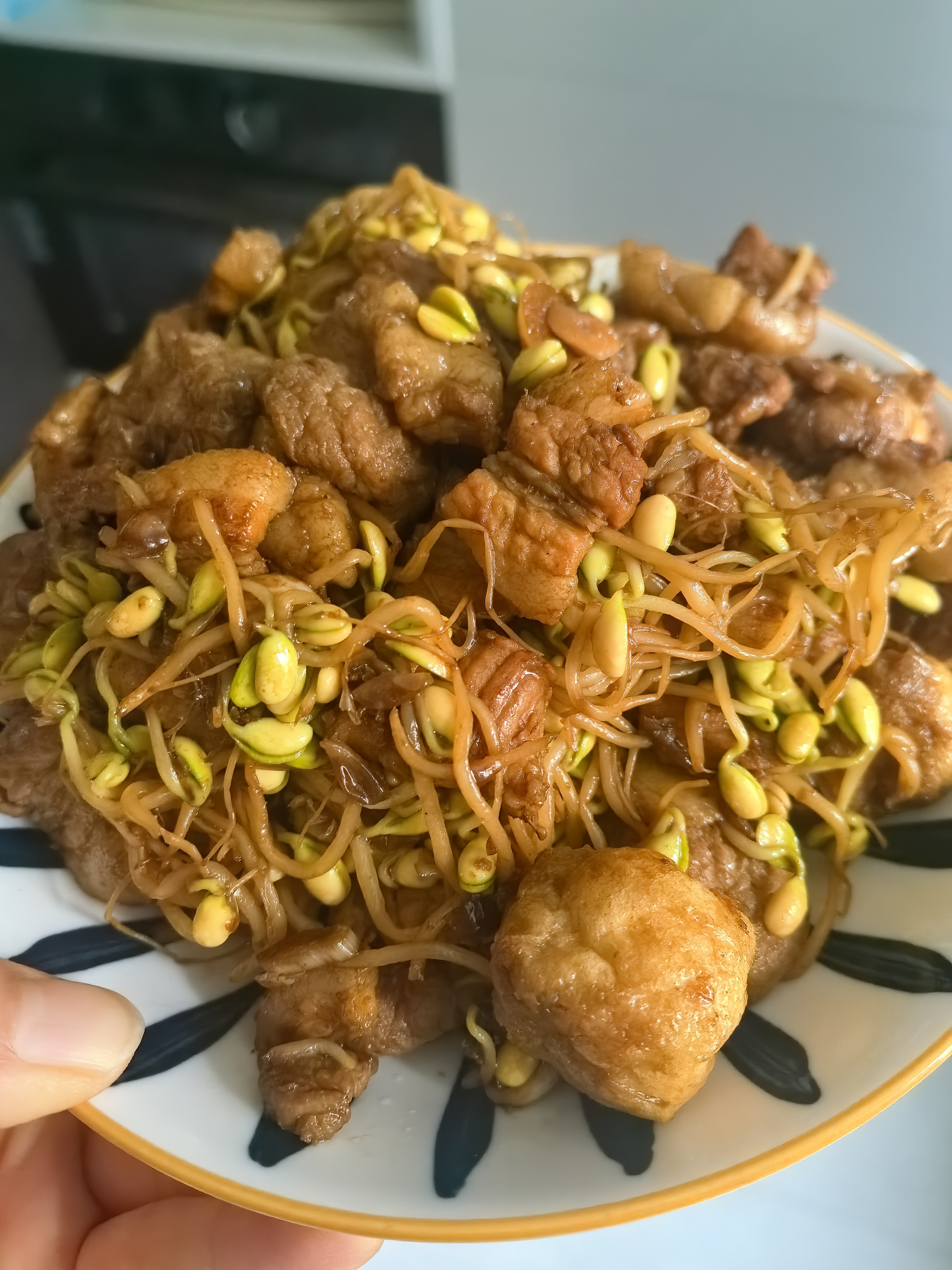 推荐给喜欢吃豆制品的盆友一道菜！就是黄豆芽五花肉片烧油豆腐果~看起来很黑暗，但是