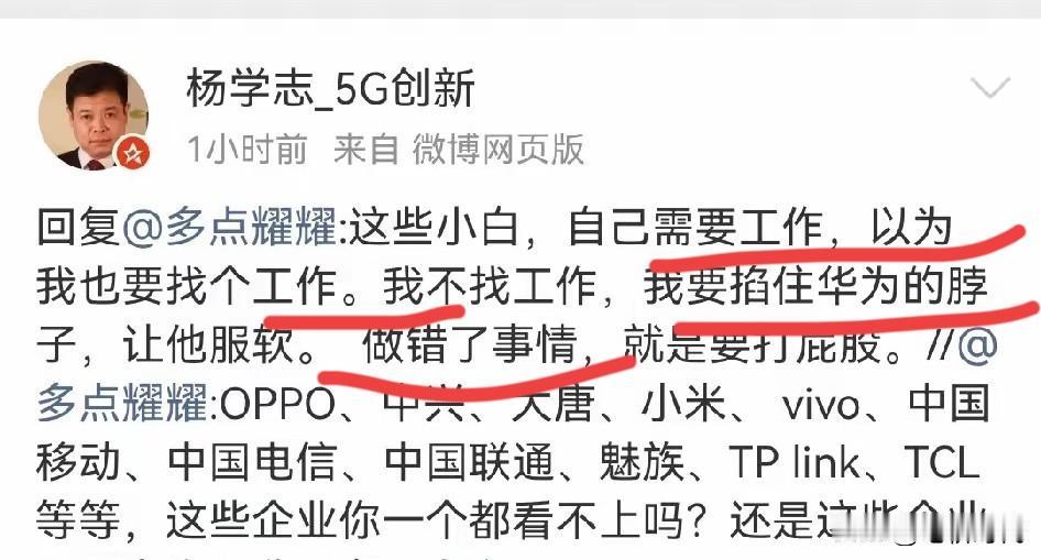 这种算不算敌对势力？杨学志说他不需要找工作，要掐主华为脖子，让它服软。这不就正应