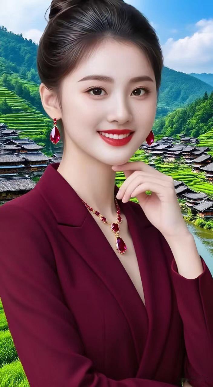 青山如黛作背景，她笑靥灿若繁花。深V西装勾勒飒爽身姿，颈间红宝石熠熠生辉，光影里