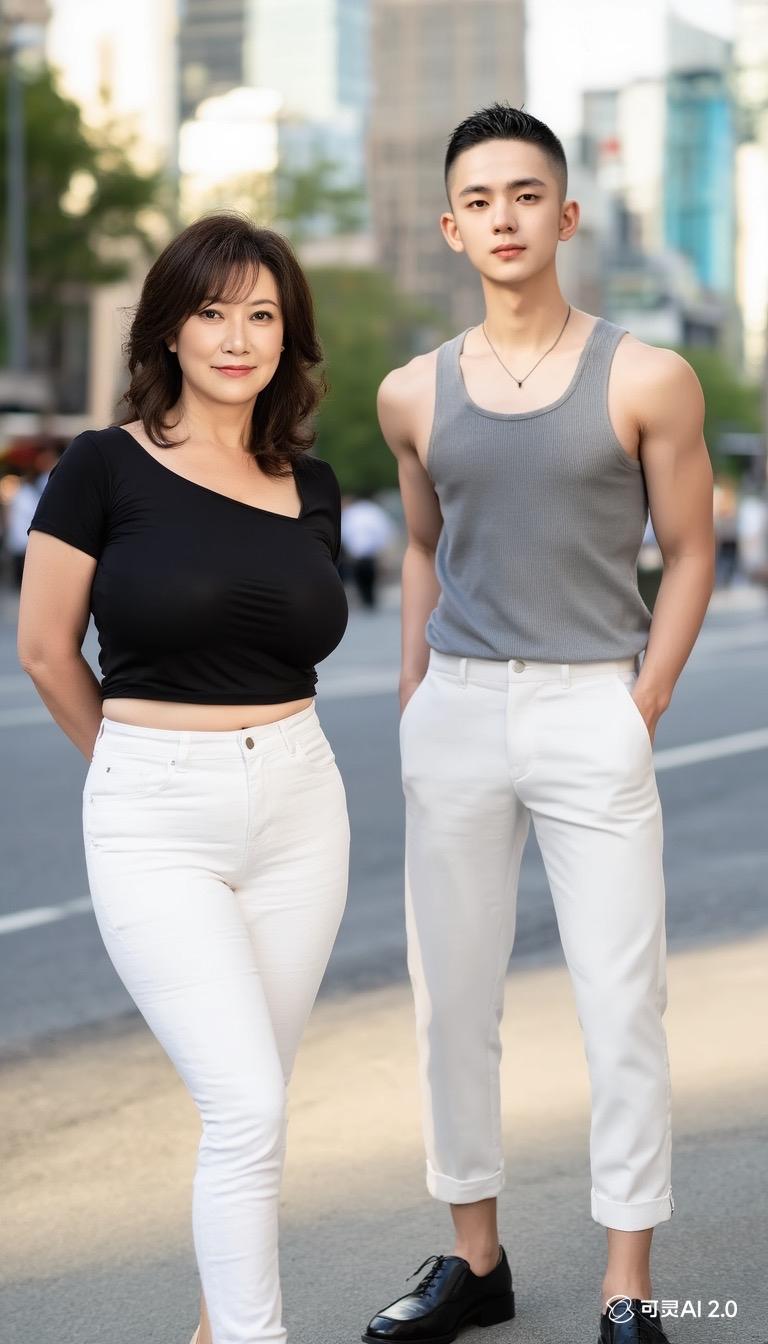 漂亮妈妈和帅气儿子，母亲风韵犹存，儿子好大威猛，肌肉男，基因的力量真强大[赞]