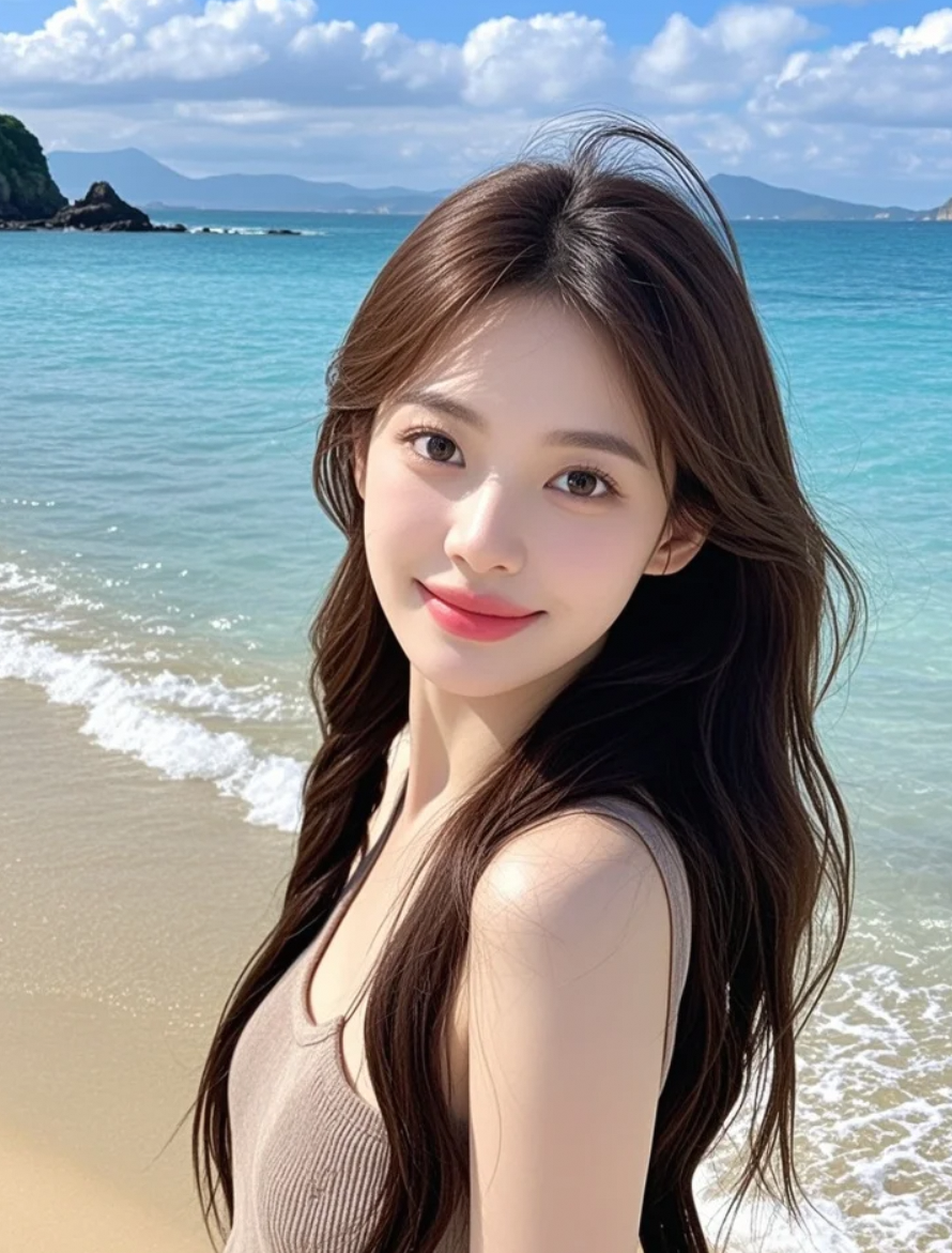 在海浪轻拍下的甜美笑容