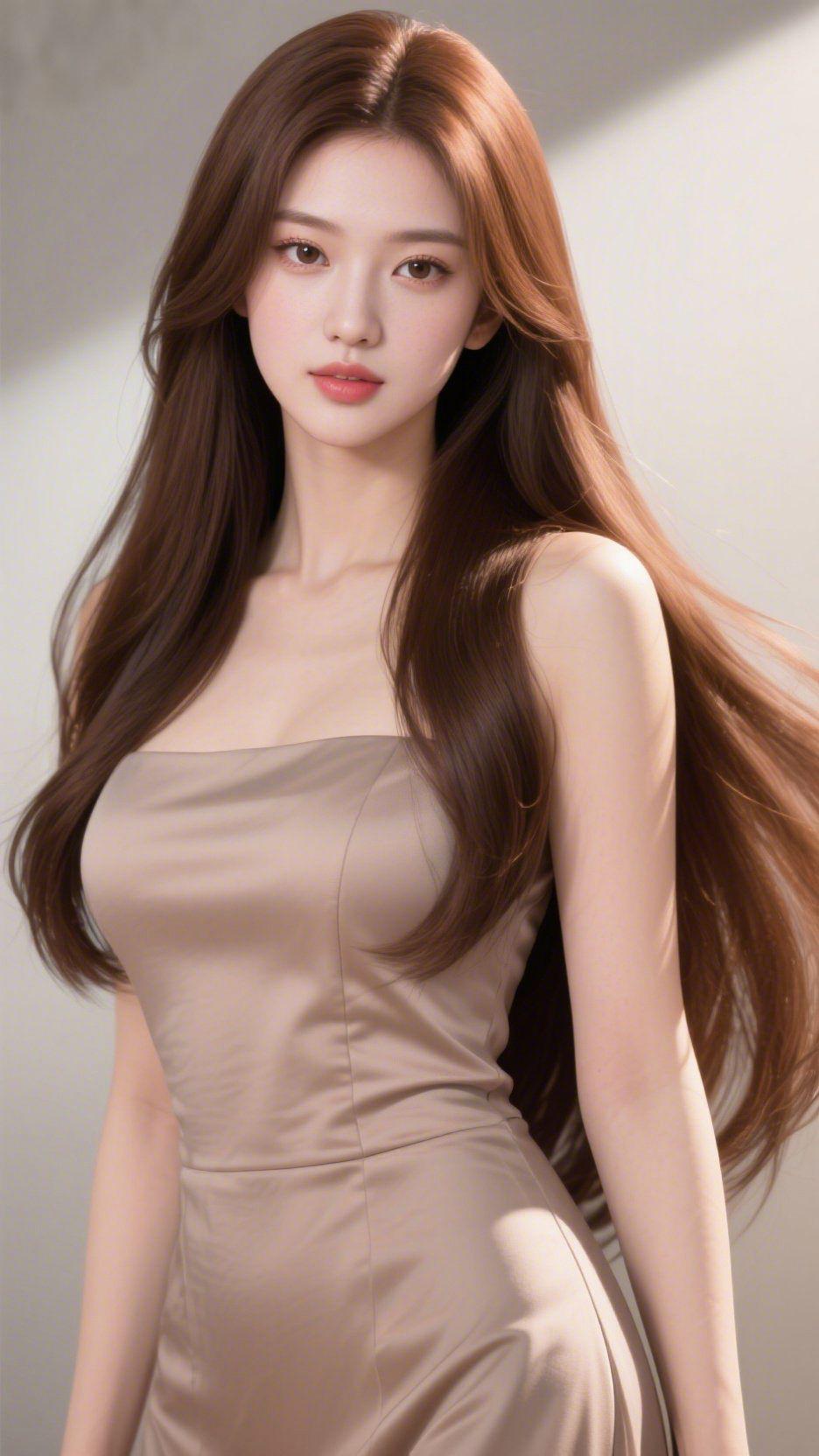 长发缱绻蕴温柔暖光轻洒的瞬间，棕调长发如流金绸缎般顺着肩线垂落，每一缕发丝