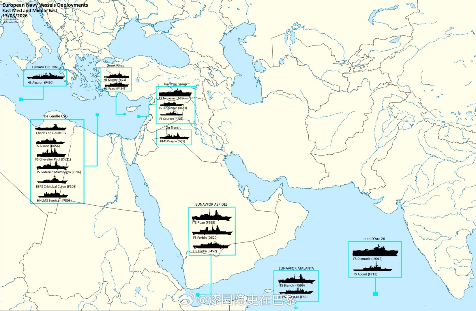 美以伊最新局势目前欧洲海军在地中海东部和中东地区的部署情况按国家划分的兵力：?