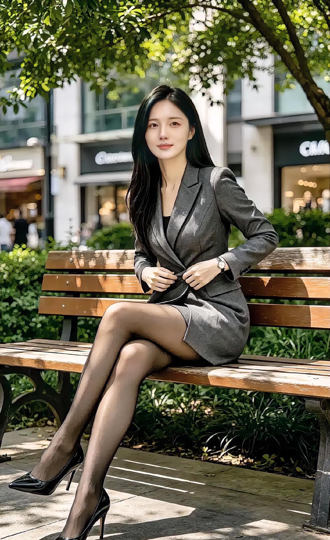 《午后街心》灰色西装剪裁利落，坐在长椅上享受微风。黑丝与高跟轻碰，