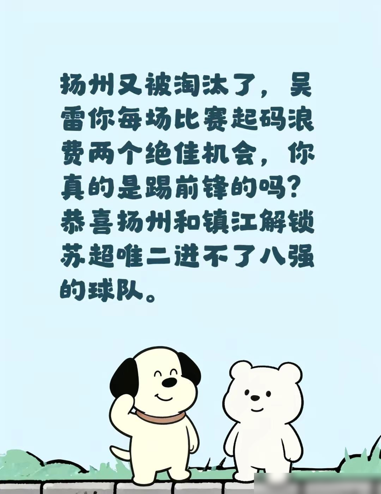 扬州队出局了，跟镇江手拉手，成了苏超唯二没进八强的队。球迷的火全撒在吴雷身上。8场首发，1个球，1次