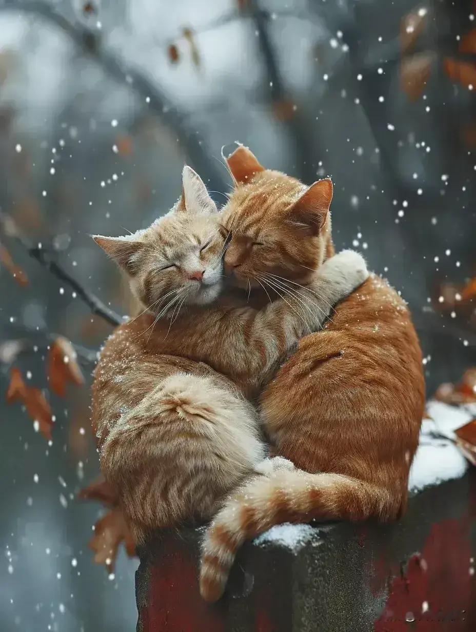 这两只可怜的流浪猫，在大雪纷飞的冬天里面，抱团取暖。
