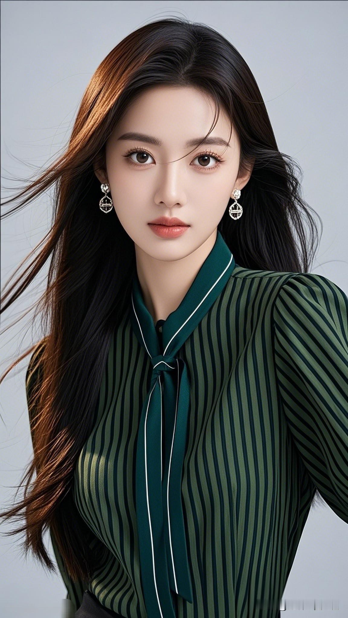 绿衣美人，风姿绰约。一眼沦陷的神级美图优雅绿条纹衬衫，气质女神范儿