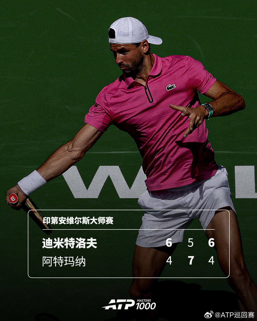 终结连败，将战阿卡💪ATP1000印第安维尔斯大师赛首轮，迪米特洛夫以6-4