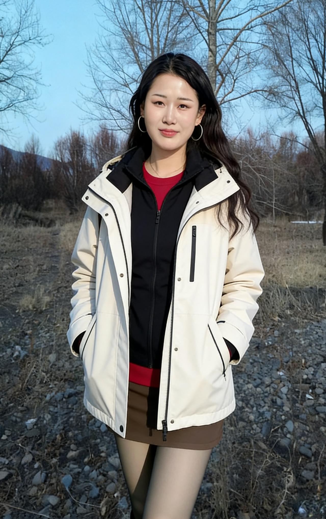 素衣飒爽立风前，寒木疏枝映远天。不借脂粉添颜色，一身利落自嫣然。