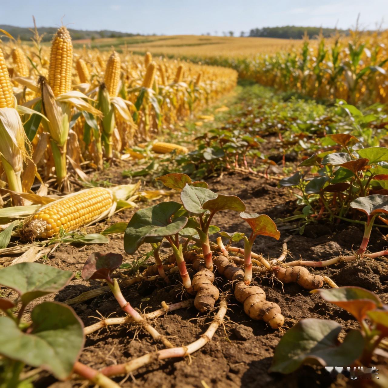 垄上杂蔬田地里，金玉米秆儿挺拔地立着，叶片舒展，裹着饱满的穗子。垄沟的空隙