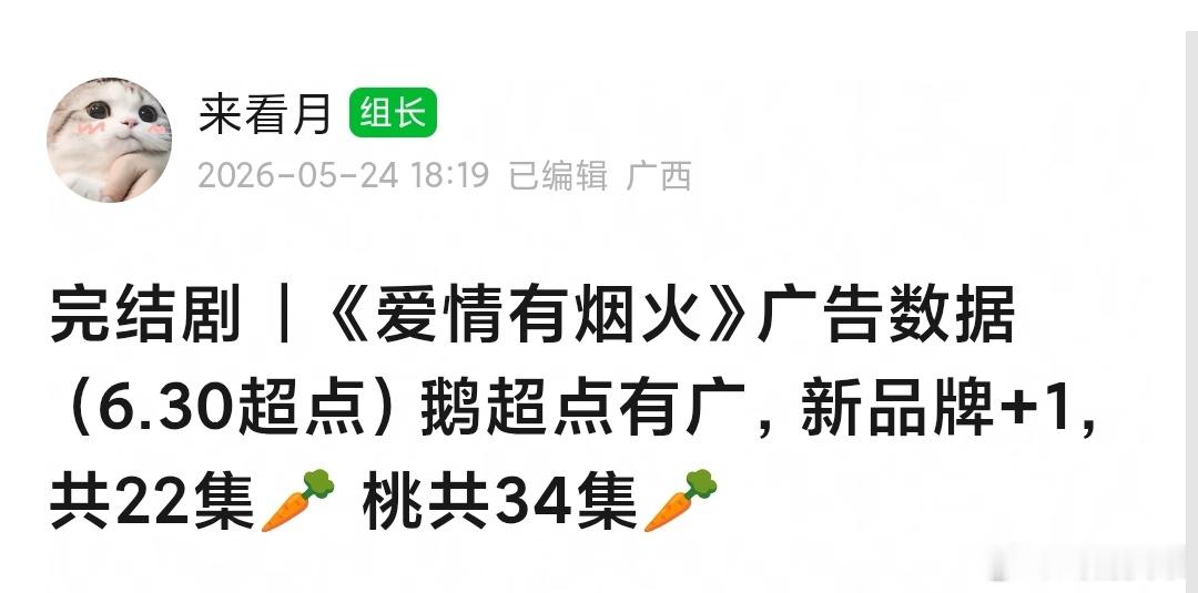 爱情有烟火超点完结，🐧超点集数有广，🥝木有，最终🐧x22🥕，🥝x34