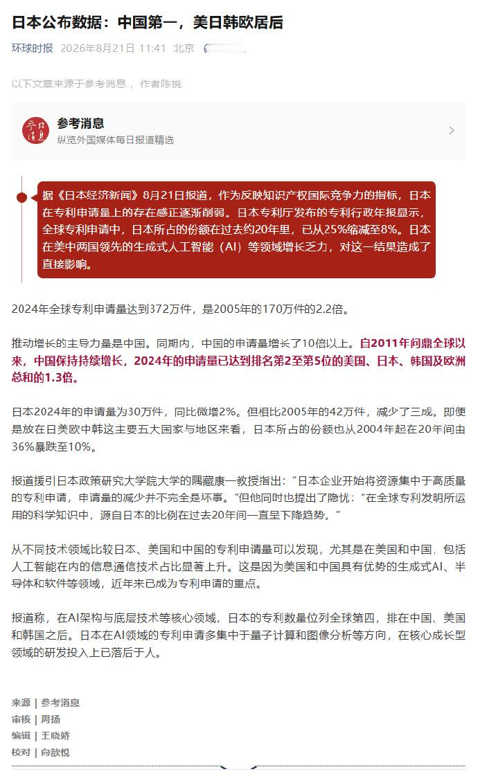 【#中国专利申请量超美日韩欧总和#】#中国专利申请量继续领跑#据《日本经济新闻》8月21日报道，作为