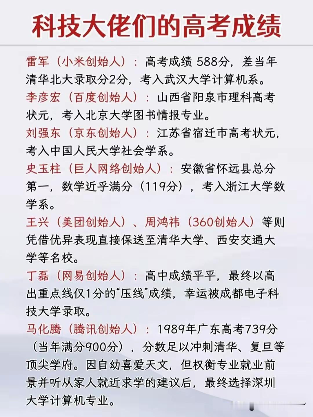 科技大佬的高考成绩，刘强东和李彦宏应该是最强的，毕竟地级市高考状元的含金量都懂得