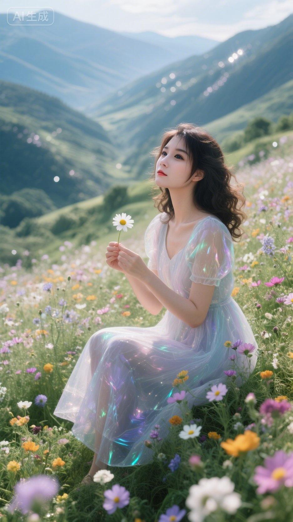 山风裹着花的气息漫过来，裙摆沾了星子的光。手里这朵雏菊，是山野递来的温柔信笺。