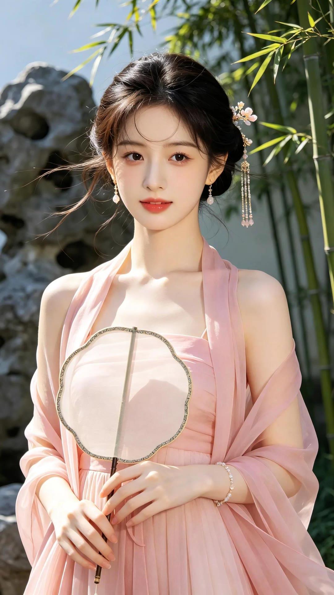 粉色仙气少女，竹林中的优雅时光