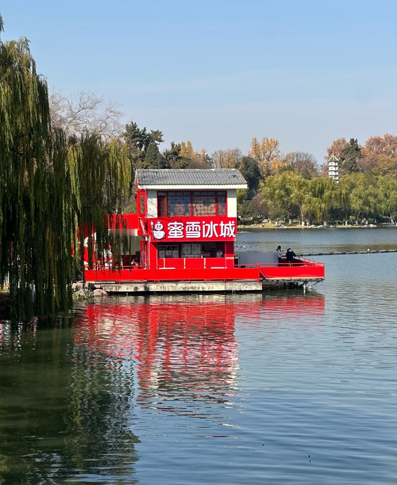蜜雪冰城开在玄武湖了。之前逛玄武湖只能喝茶颜瑞幸，终于能喝小雪了。古建用红色