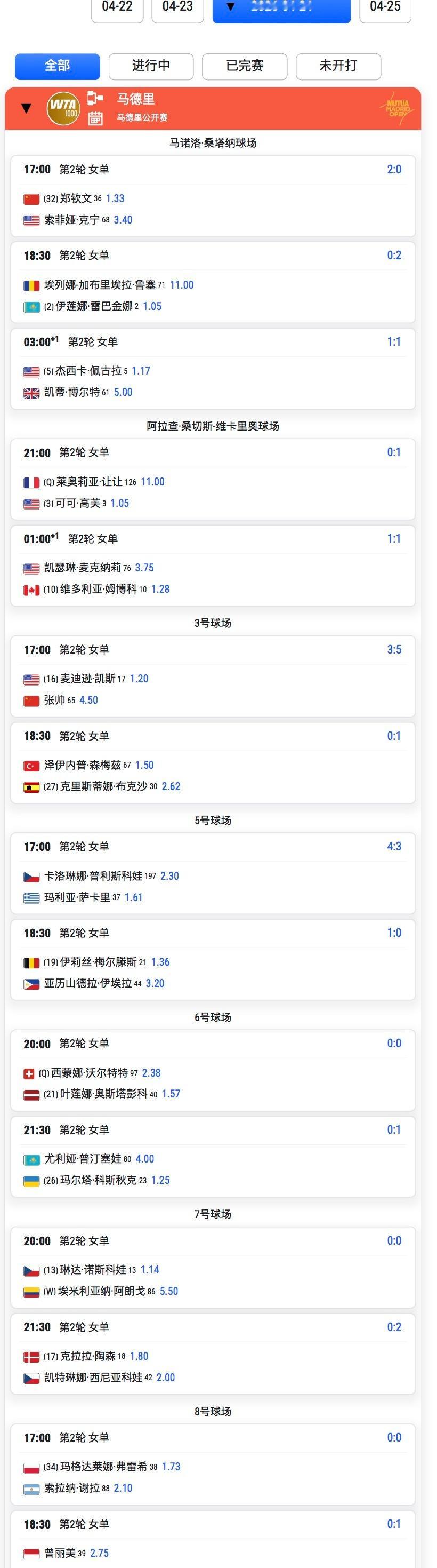 马德里1000赛明日赛程⏰🇨🇳郑钦文vs肯宁🇺🇸，中心球场17点🇨?