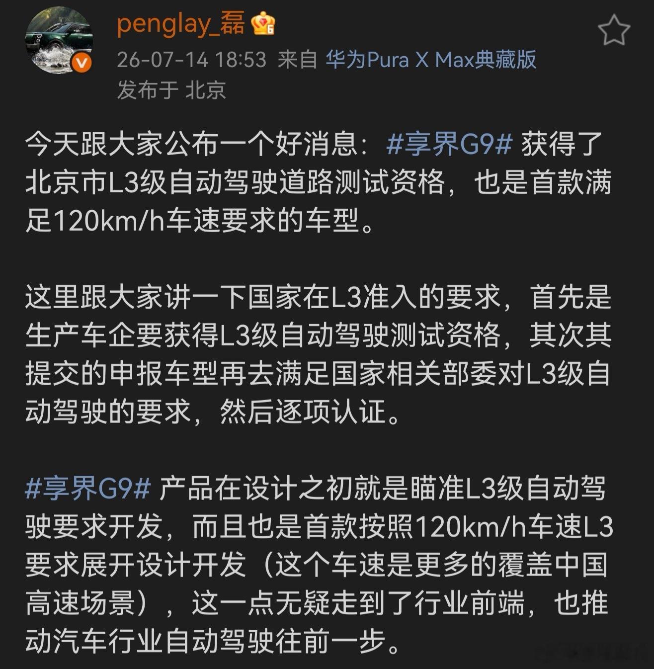 彭磊总解读了L3准入审查要求，奈何某些人还认为是政策优势。。。