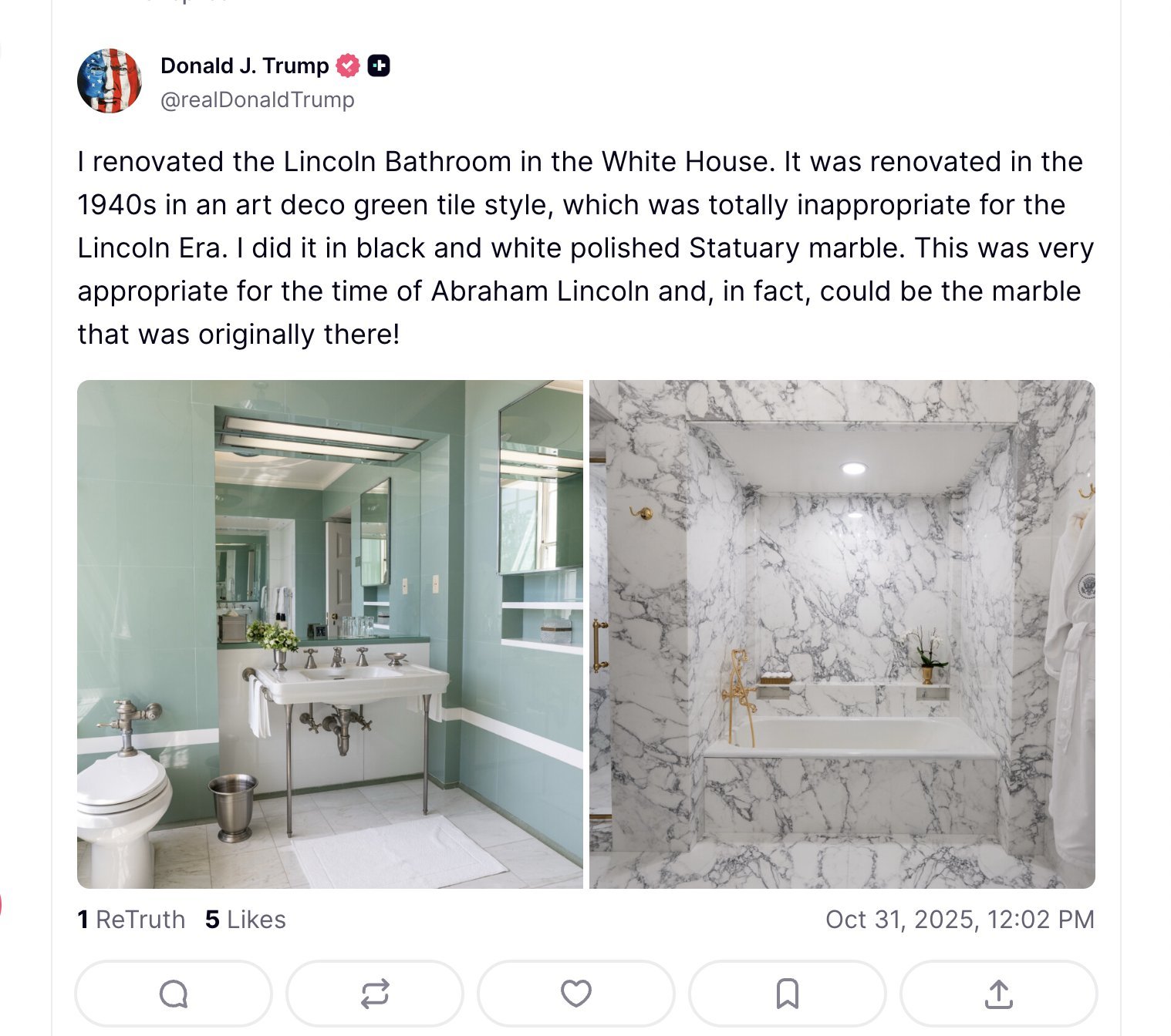 川普把白宫里的“林肯卫生间”也装修成自己喜欢的大理石风格。他痴迷于通过装修让人们