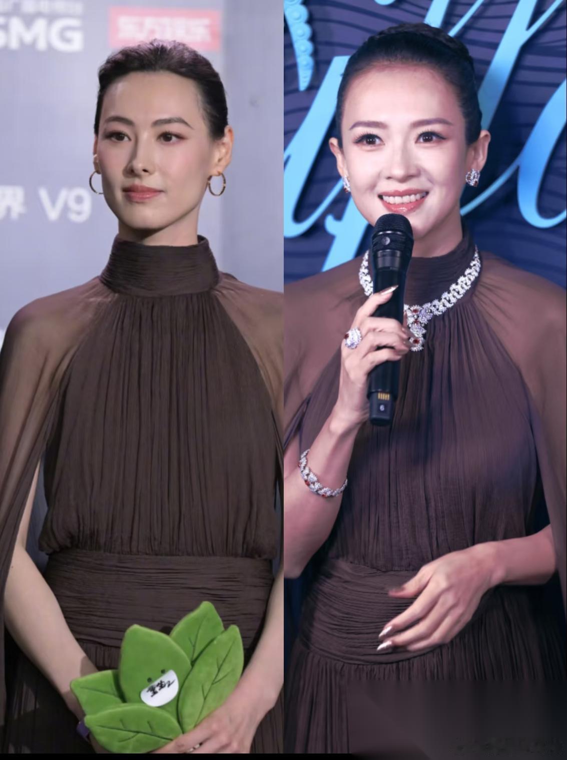 两人都顶级骨相美女， 穿同一套衣服，表现力不同。 左边梁洛施力行简约...