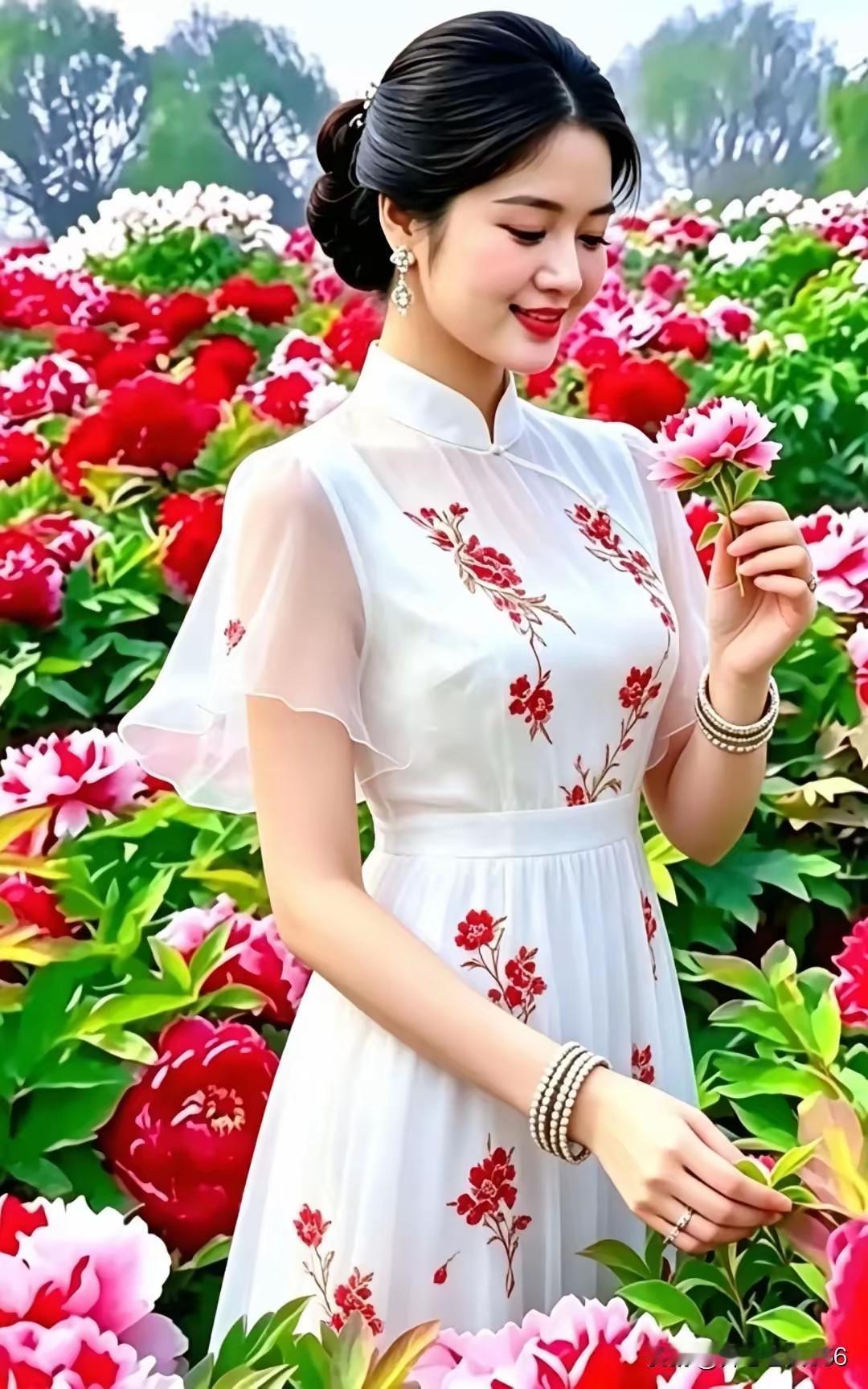 万花丛中站，彰显更娇艳。旗袍佳人美，百看心不厌。