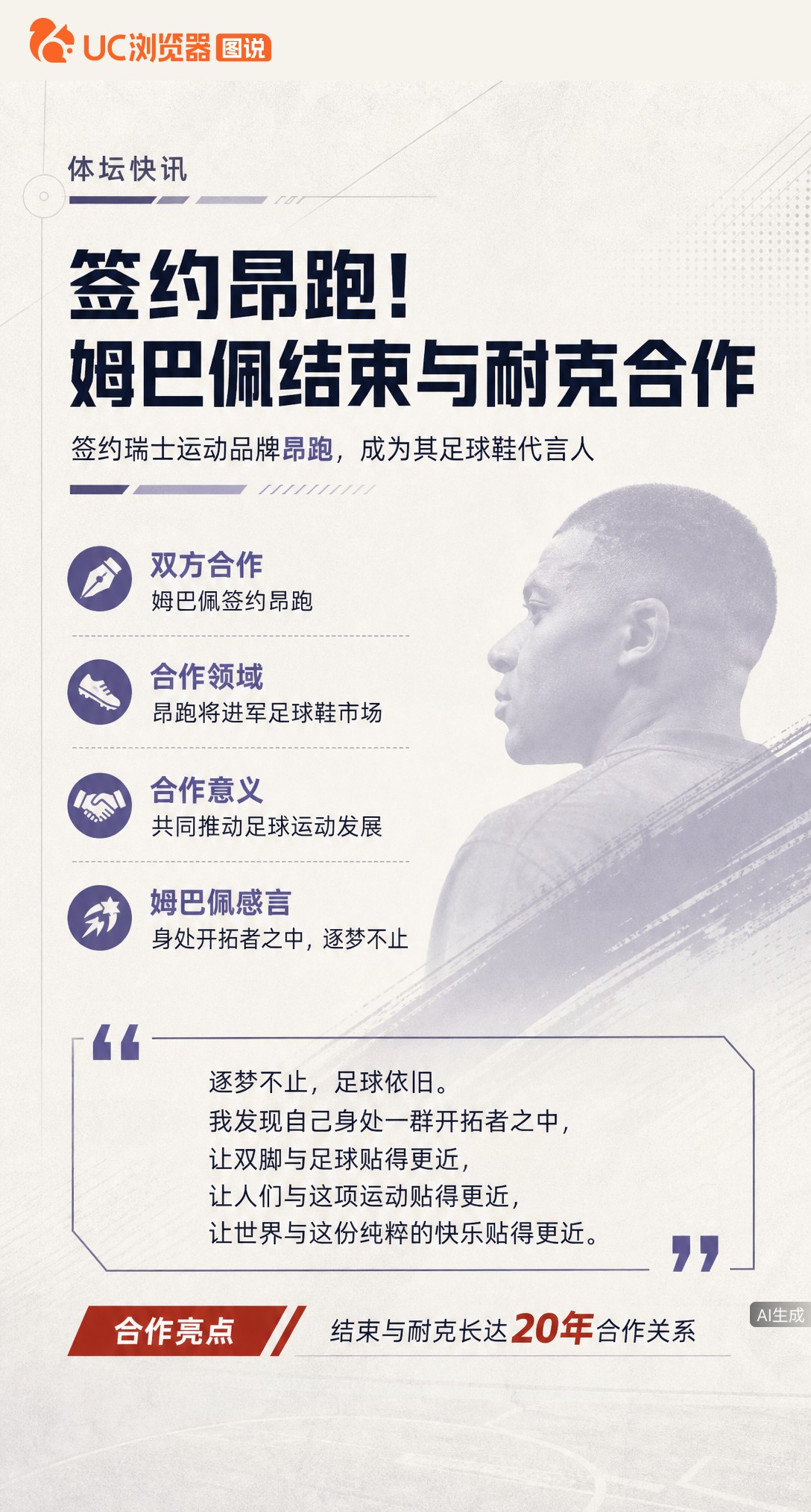 结束与耐克20年合作，姆巴佩转投瑞士跑鞋品牌昂跑。他说自己依然梦想踢球，如今身处一群开拓者之中，想让