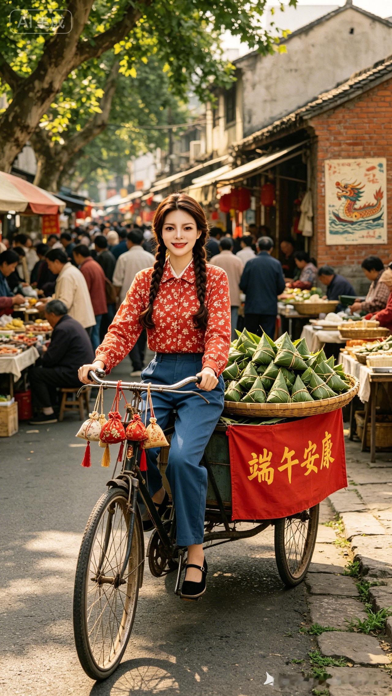 骑着三轮车穿梭在热闹的市集，感受传统节日的烟火气息。