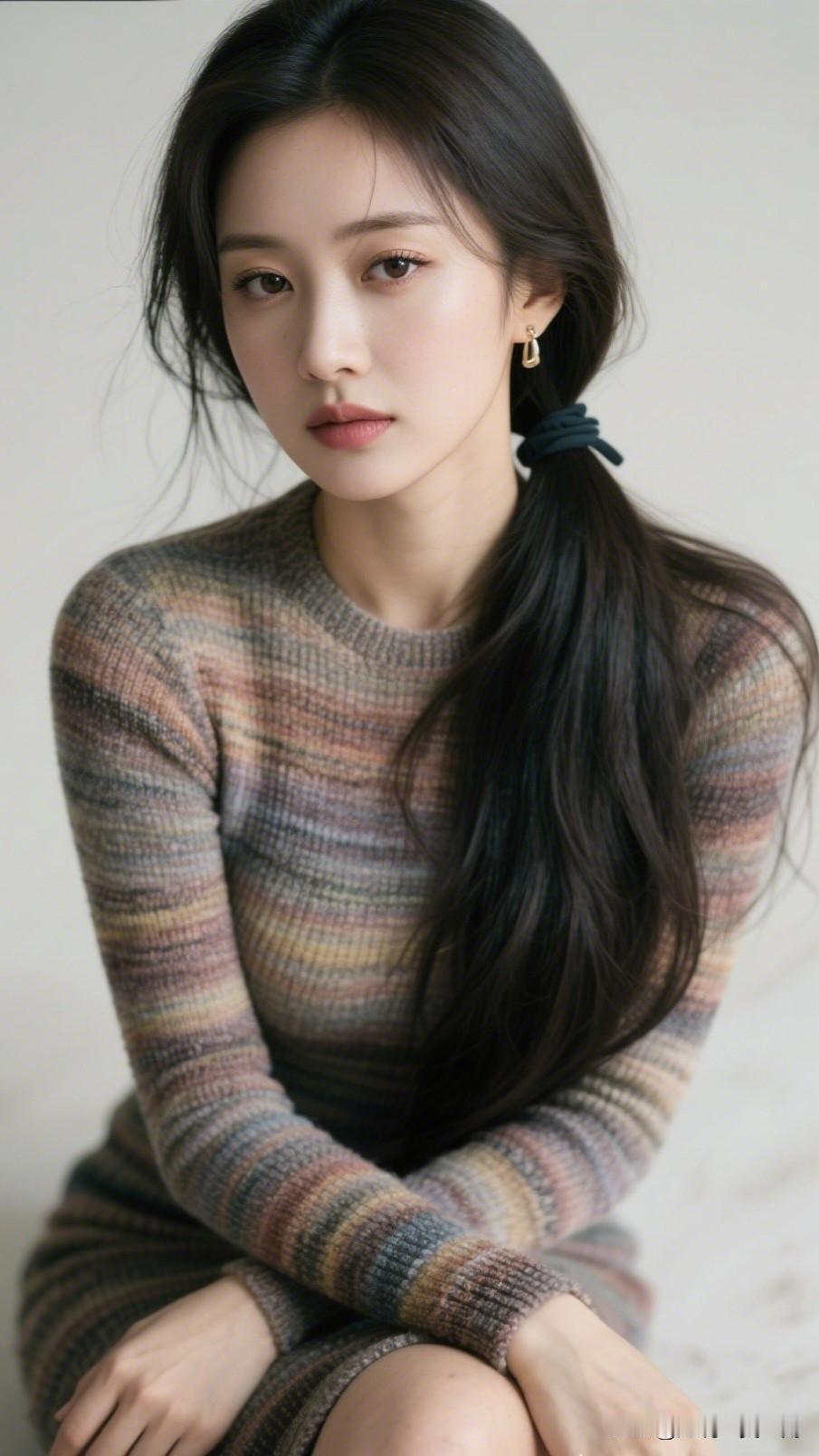 温柔少女风，毛衣+长卷发，冬日暖阳下的甜美时光。分享唯美照片