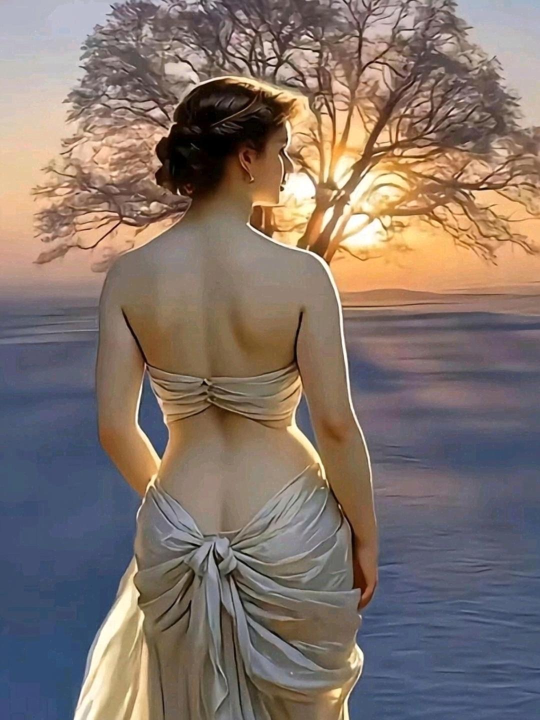这是一幅充满诗意与浪漫氛围的女性背影艺术画作，画面主体是一位身着露背长裙的女性，