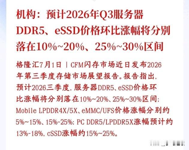继续涨价，存储芯片传出重大利好，服务器方向涨得最多存储行业机构对2026年第三