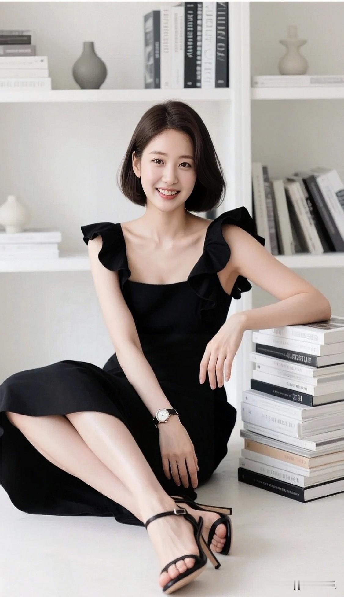 优雅黑裙，书香气息，甜美笑容，完美搭配！📚💃😊