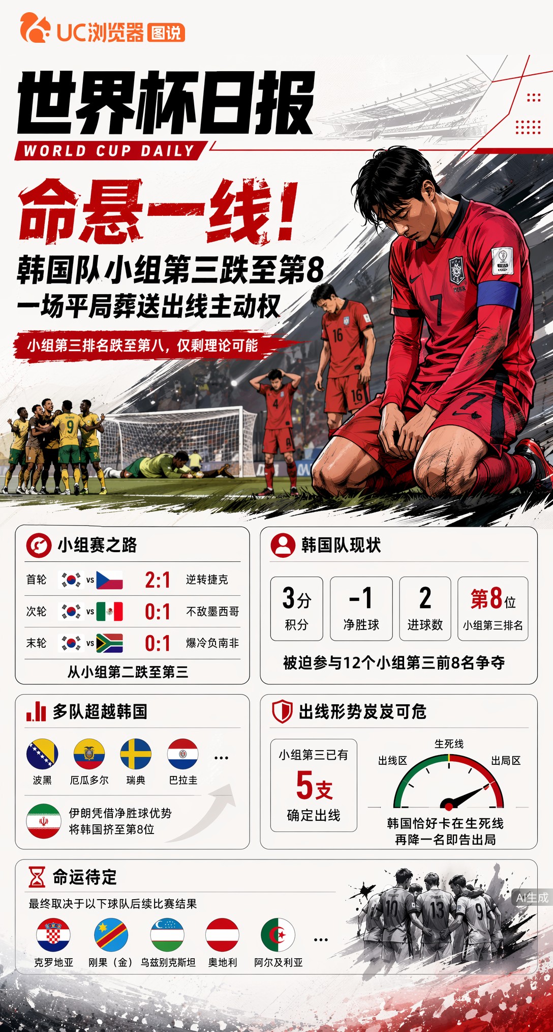 命悬一线！韩国队小组第三跌至第8，一场平局葬送出线主动权