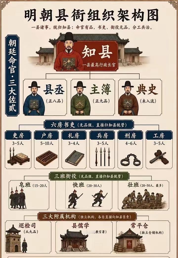 明朝县衙：七品知县管辖近“两百人”的庞大体系[爱心]在明代的地方治理体系里，