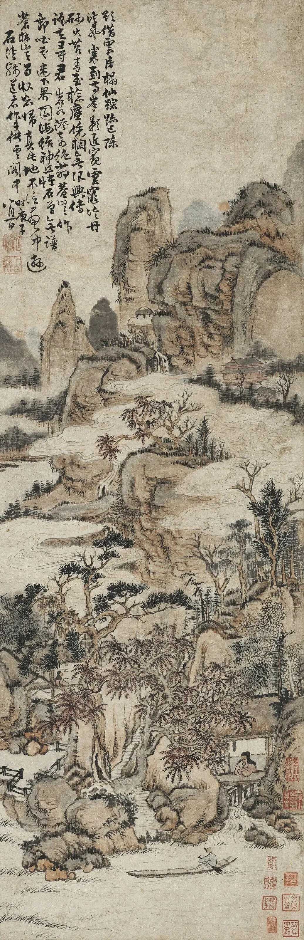 清髡残《云山溪树》，设色纸本　立轴　一六六〇年作，94.5x30.2cm