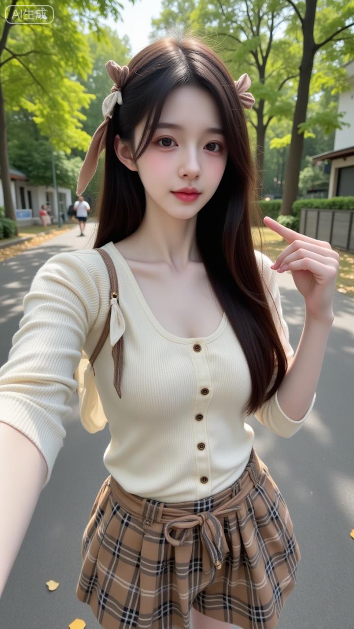 夏日光影里的甜系穿搭米白针织衫搭格纹裙，发间蝴蝶结甜得刚好，公园步道的光影