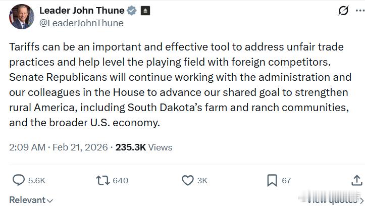 参议院多数党领袖图恩：关税可以成为应对不公平贸易行为的重要且有效的工具，并有助于