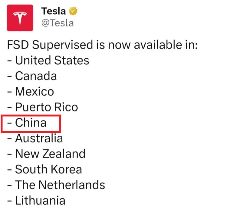 特斯拉官方今日公布了监督版FSD的最新布局，可以看到中国赫然在列。终于要来了吗？