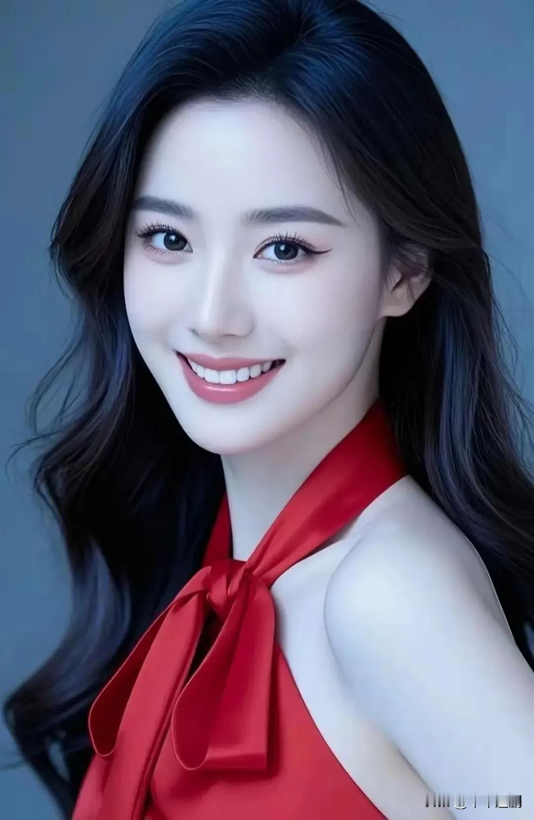 红缎领结缠在肩线弯处，墨发漫过耳尖轻晃。唇色浸了甜意，把明艳揉进冷调背景里，是恰