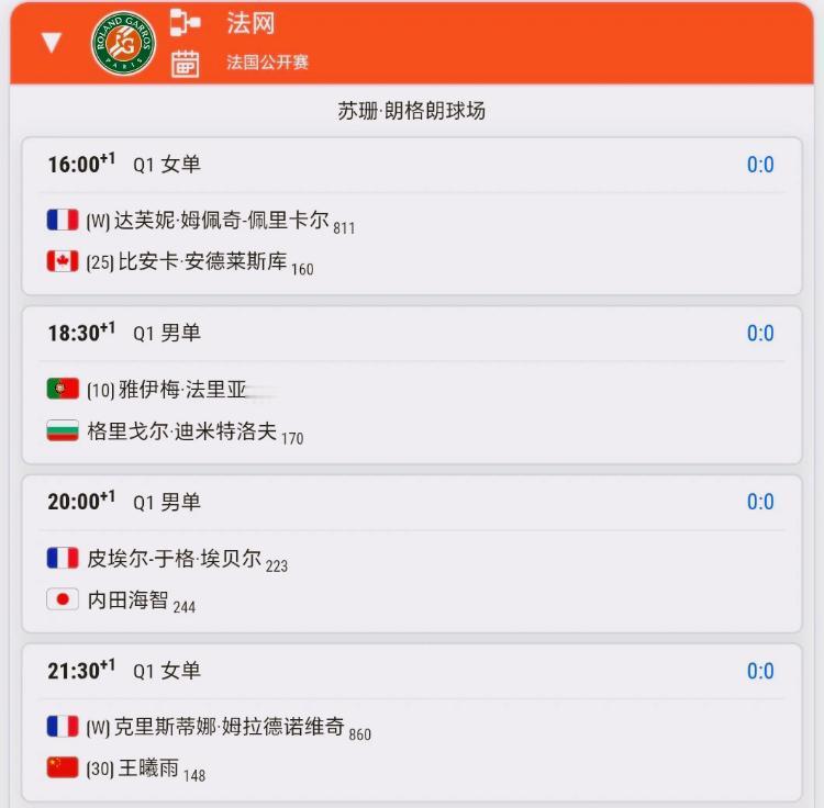 5月19日网球赛程！！法网资格赛首轮继续，同时还有两站500赛也在打：ATP5