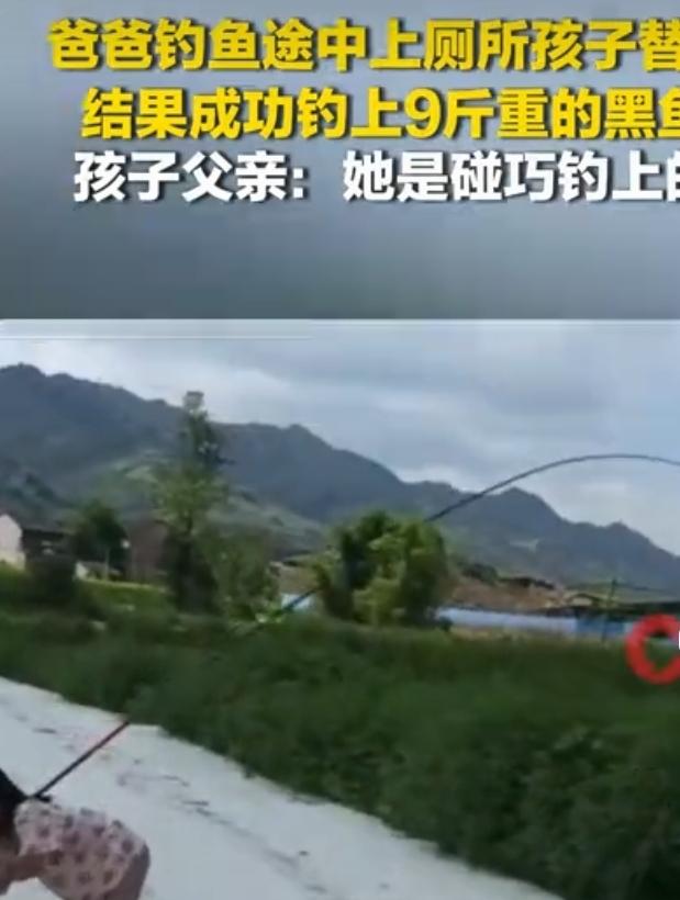 近日四川达州发生一件有趣的钓鱼趣事。一位爸爸外出垂钓，中途临时离开去洗手间，便让
