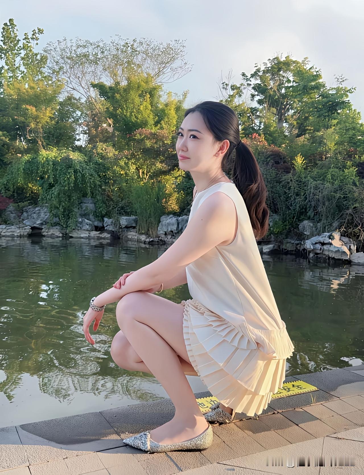 夏日清新穿搭，湖边甜美自拍
